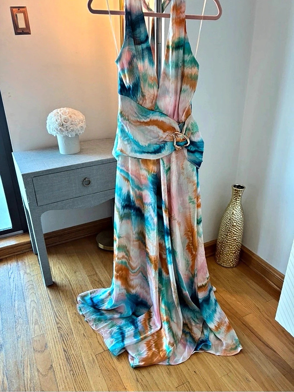 Gold Buckle Halter Maxi Dress Abstract Print